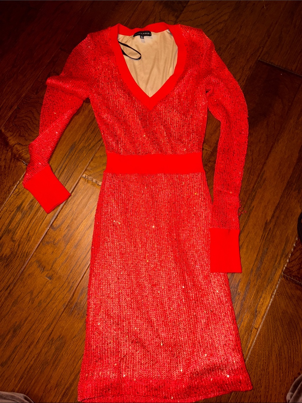 Jlux label Red sequin V-Neck Long Sleeve Knit Dress size small !!